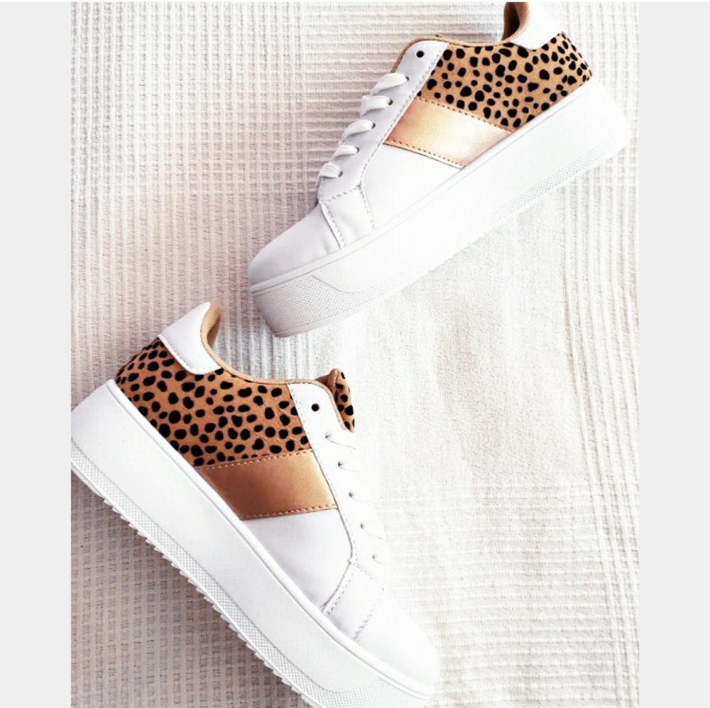 Qupid White Platform Sneakers with Leopard and Metallic Gold Panel
